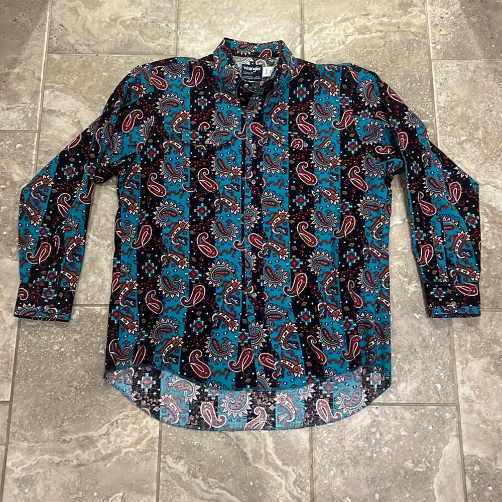 Wrangler Paisley Dress Shirt Turquoise Black Retro